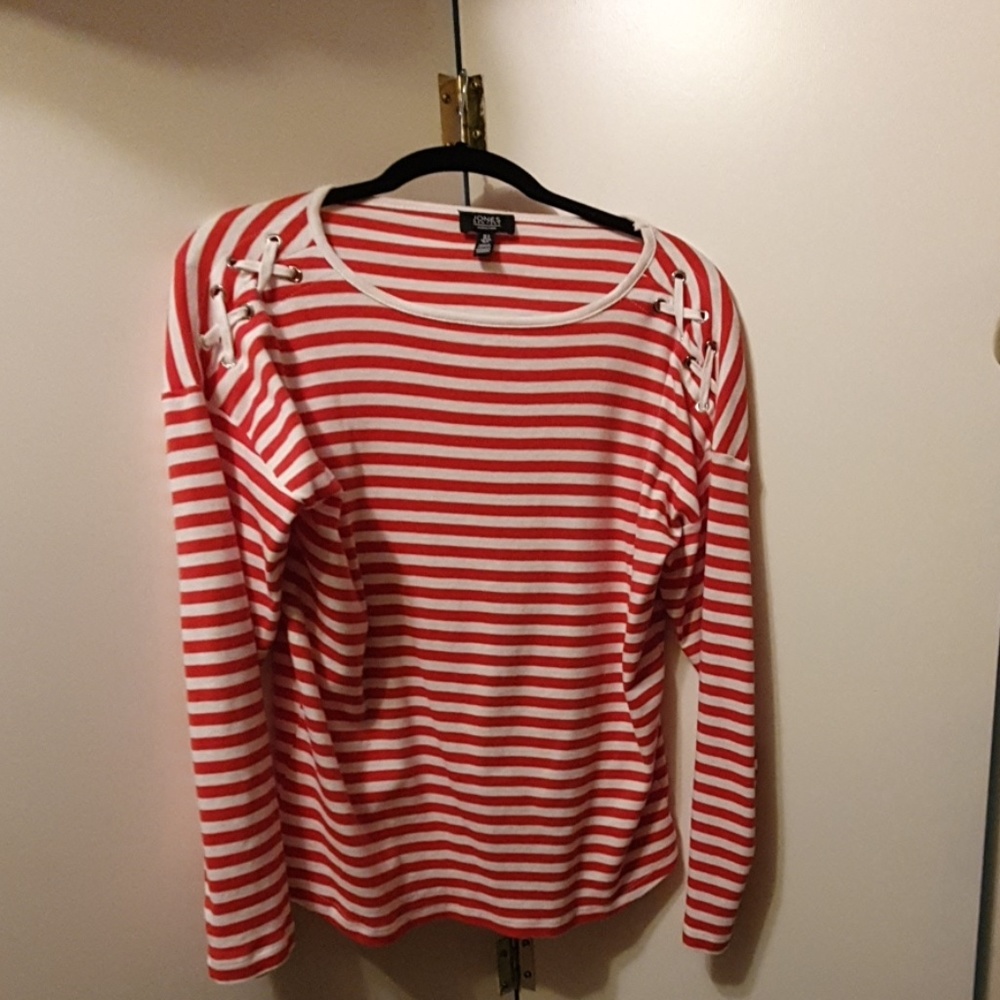 Jones New York casual red and white striped shirt.